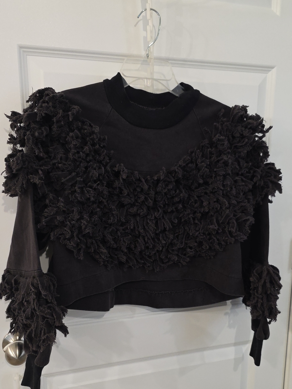 Black Denim Shag-Texture Crewneck, Cropped High Low